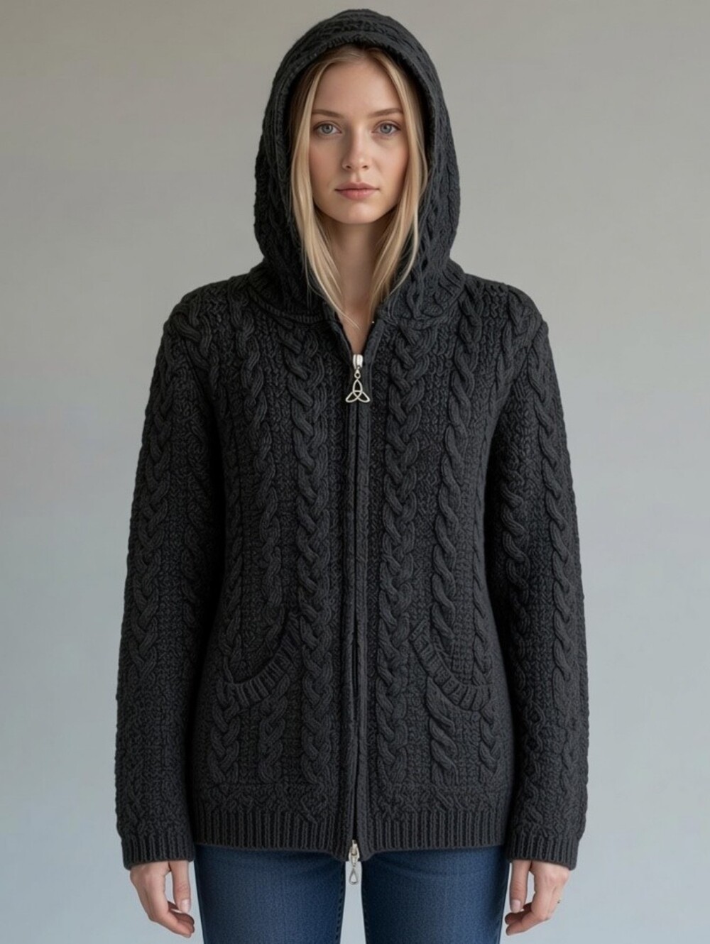 Aran Crafts Merino Wool Made In Ireland Hooded Zip Coat Cable Knit Green.